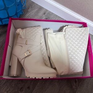 Quilted Cream Women's Block Heel Booties